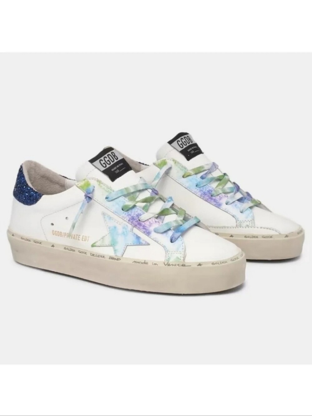 Golden Goose Hi Star Tie Dye Sneaker White Multicolor Blue Glitter Heel US 7.5